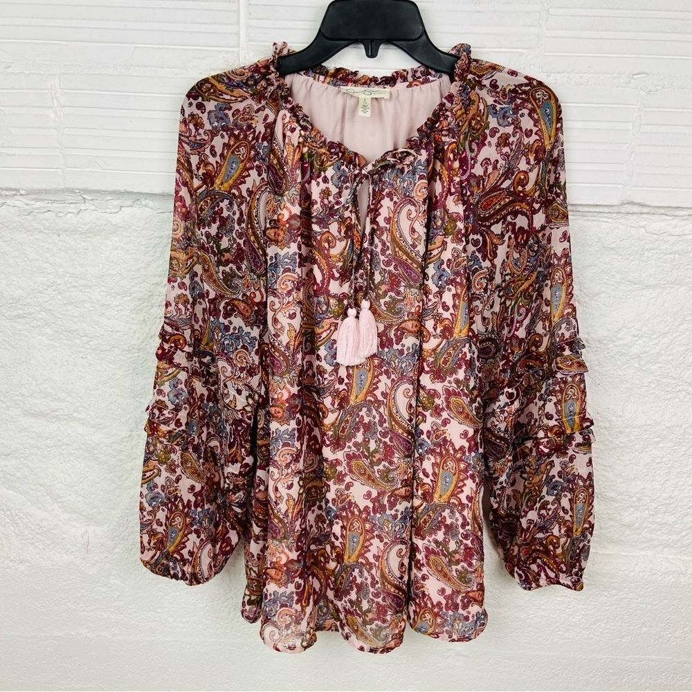 JESSICA SIMPSON MATERNITY pink tassel paisley peasant boho blouse size small - Picture 12 of 15